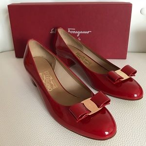 Ferragamo Vara Red Patent Bow Chunky Heel Pumps